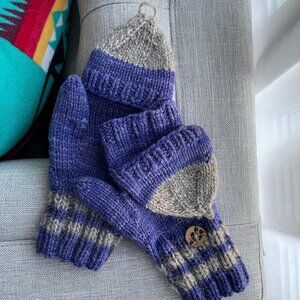Flip-Top Purple Sock Mitts Wool Knit Mittens Handmade Convertible Half Mitts